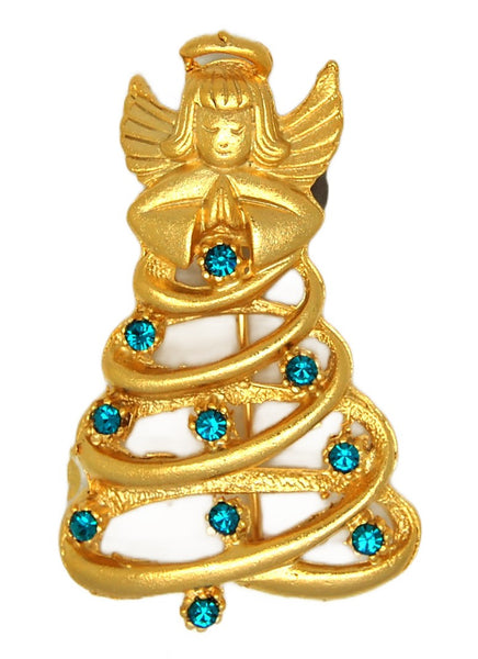 JJ Guardian Angel Christmas Tree Aqua Blue Vintage Figural Costume Brooch