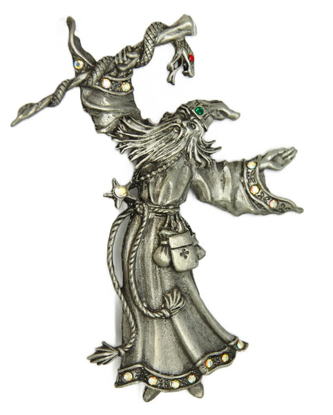 JJ Wizard Snake Staff AB Rhinestones Vintage Figural Brooch