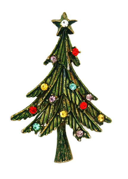 Christmas Holiday Colored Rhinestones Green  Branchy Tree Vintage Figural Brooch