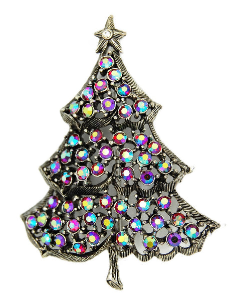 Weiss Vintage Purple Blue AB Rhinestone Christmas Tree Vintage Figural Brooch