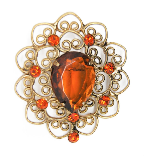 Beau Filigree Amber Gold Tone & Rhinestones Vintage Figural Pin Brooch