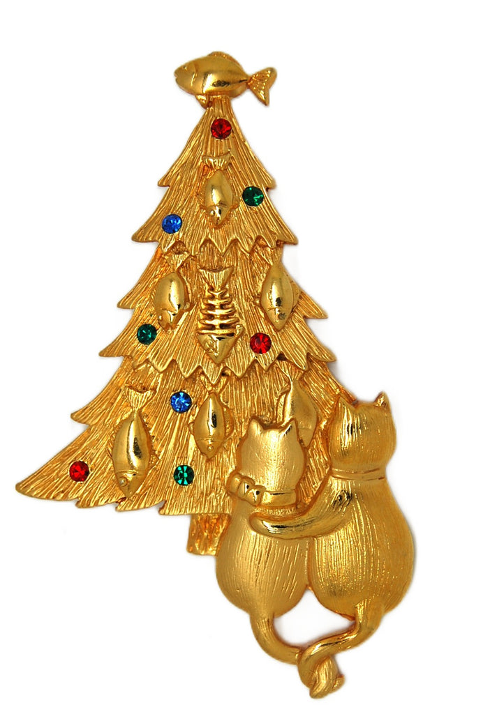 JJ Cat's Dream Gold Plated Vintage Christmas Tree Brooch NOC
