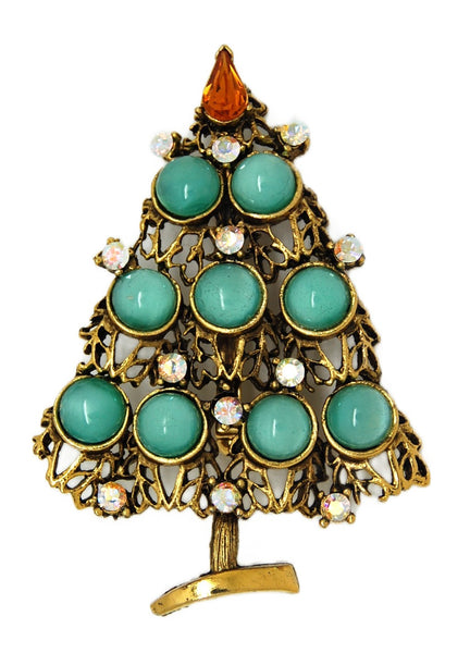 Weiss Jade Green Cabs Christmas Tree Vintage Figural Brooch