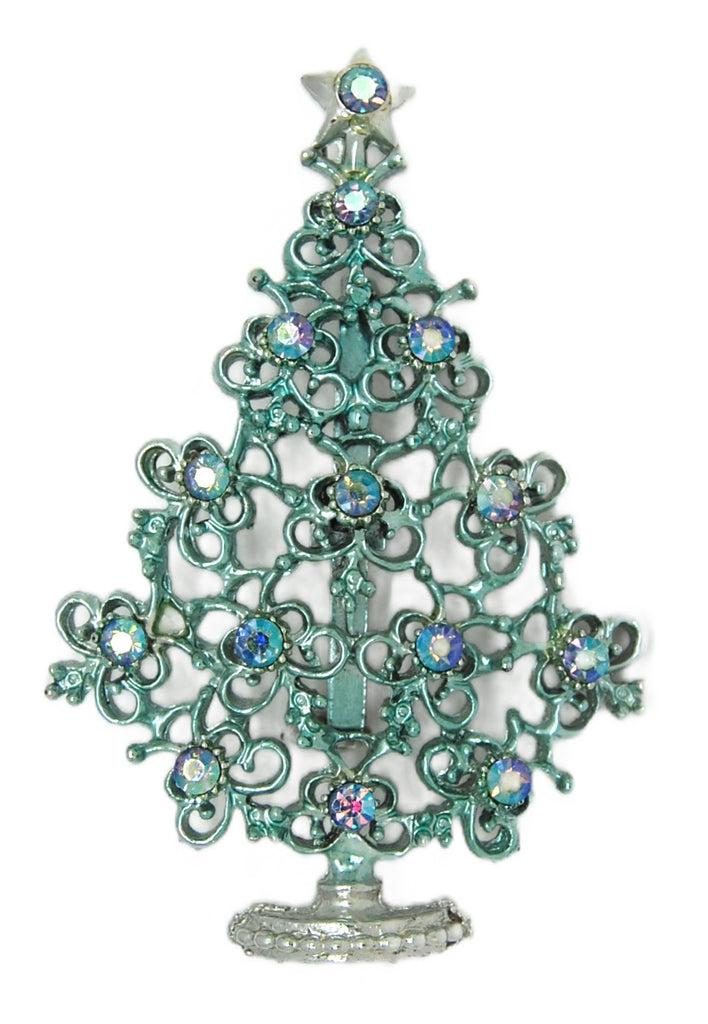 Christmas Blues Fancy Filigree Tree Vintage Figural Brooch