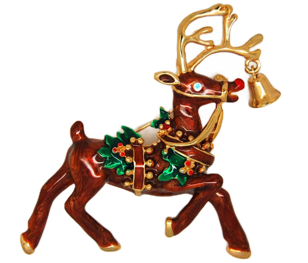 Christmas Gold Tone Enamel Fancy Reindeer Vintage Figural Brooch
