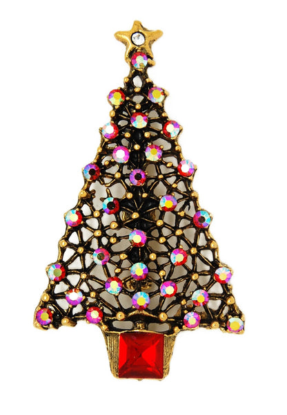 Christmas Ruby Red AB Rhinestone Holiday Tree Vintage Figural Brooch