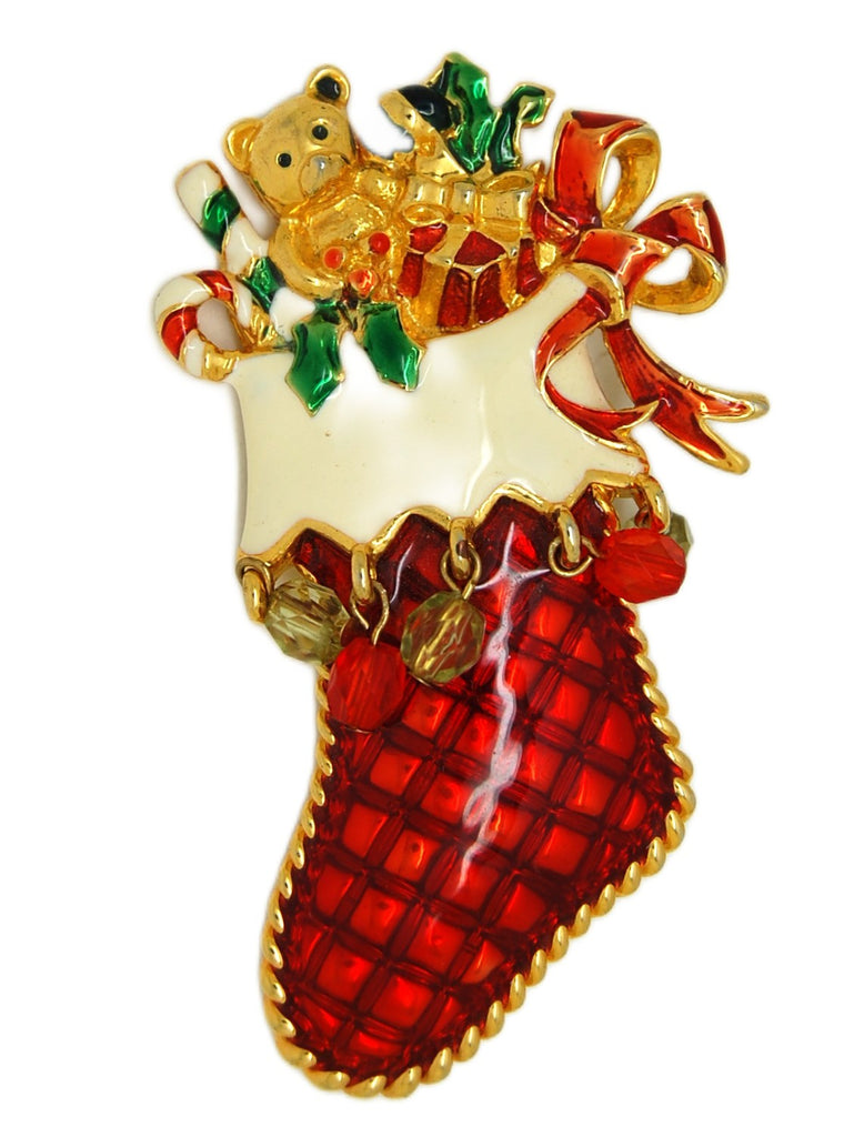 Radko Christmas Teddy Bear Enamel Stocking Boot Vintage Figural Brooch