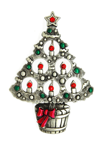 JJ Pewter Tone Open Work Candle Christmas Tree Vintage Figural Brooch