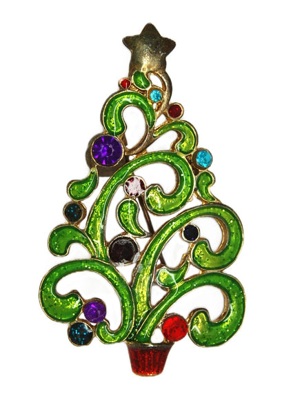 Haskell Green Enamel Swirling Christmas Tree Vintage Figural Pin Brooch