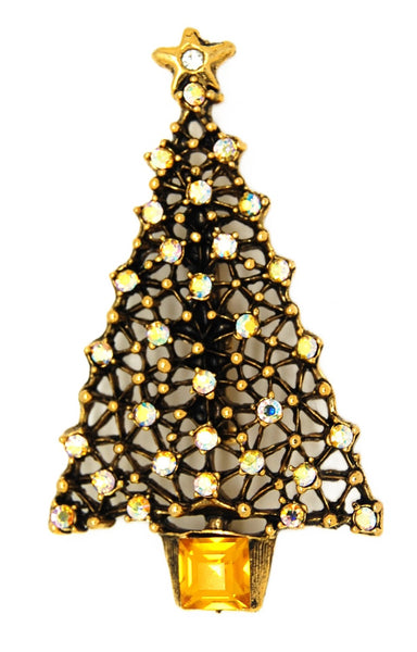 Christmas Purple Yellow AB Rhinestone Holiday Tree Vintage Figural Brooch