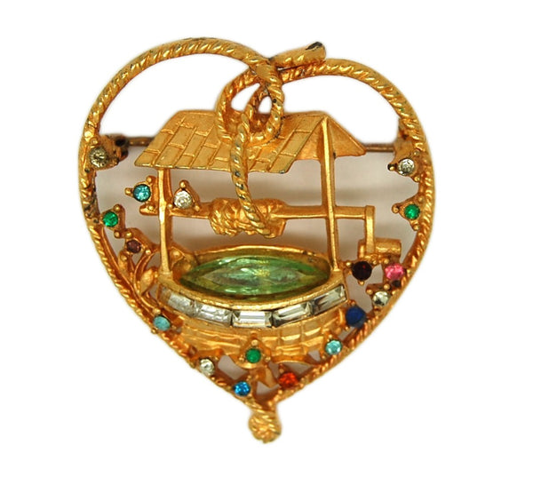Coro Pegasus Wishing Well Heart Vintage Figural Brooch RARE