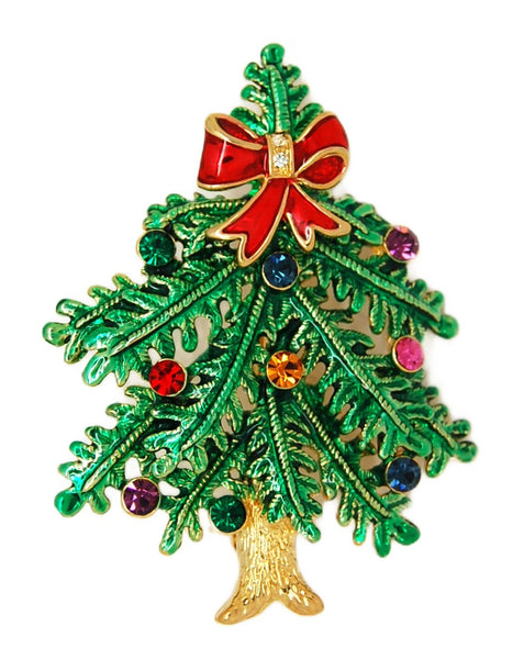 Christmas Holiday Red Bow Green Branchy Tree Vintage Figural Brooch