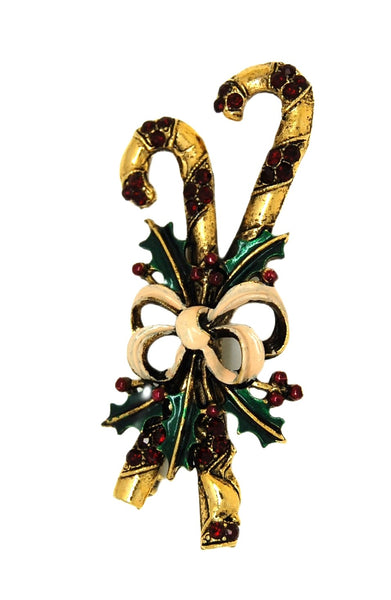 Weiss Gold Tone Ribbon Christmas Candy Canes Vintage Figural Brooch