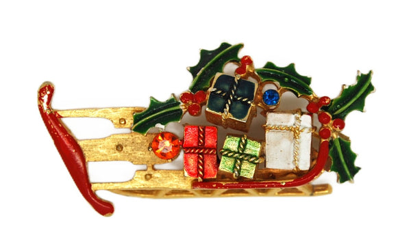 Weiss Christmas Presents Sled Vintage Figural Pin Brooch