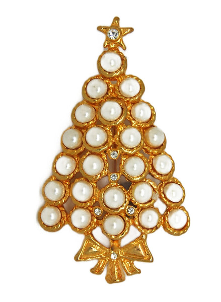Christmas Pearl Accented Gold Tone Holiday Tree Vintage Figural Brooch