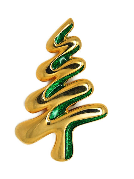 Gold Plate & Green Zig Zag Christmas Holiday Tree Vintage Figural Brooch