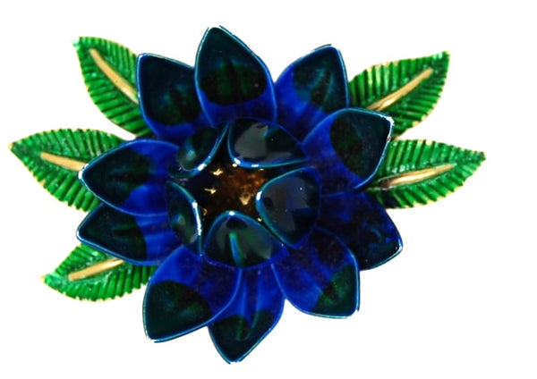 Trifari Blue Green Dimensional Floral Vintage Figural Brooch