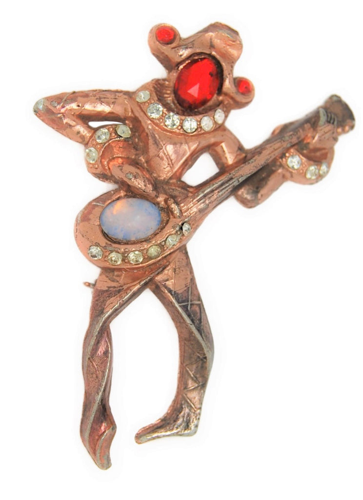 Mandle Jester Mandolin Player Vintage Figural Costume Brooch