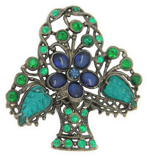 Glass Works Floral Basket Poured Glass Vintage Figural Costume Brooch