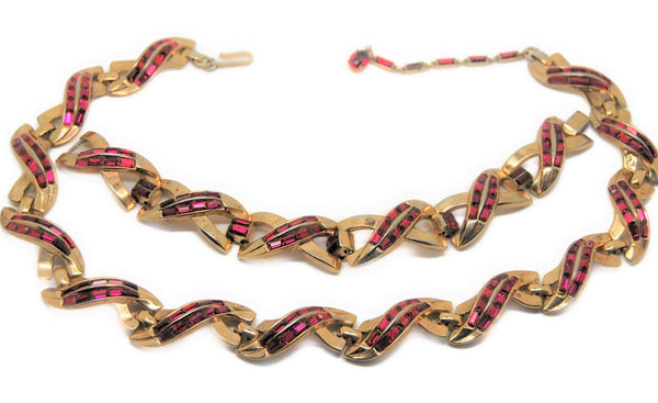Trifari Ruby & Gold Vintage Necklace & Bracelet Set 1950s