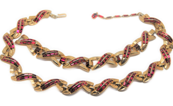 Trifari Ruby & Gold Vintage Necklace & Bracelet Set 1950s