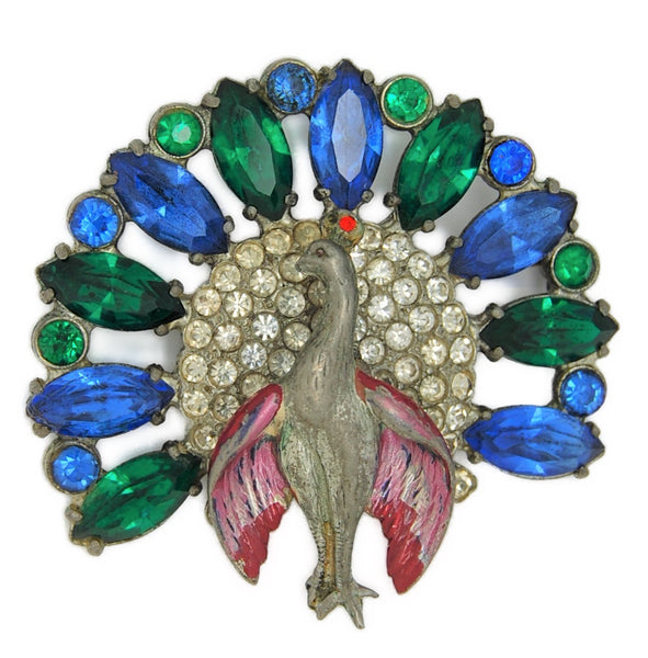 Art Deco Peacock Emerald Sapphire Prong-Set Tail Figural Pin Brooch
