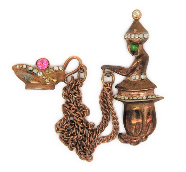 Art Deco Genie & Magic Lamp Chatelaine Vintage Figural Pin Brooch Set
