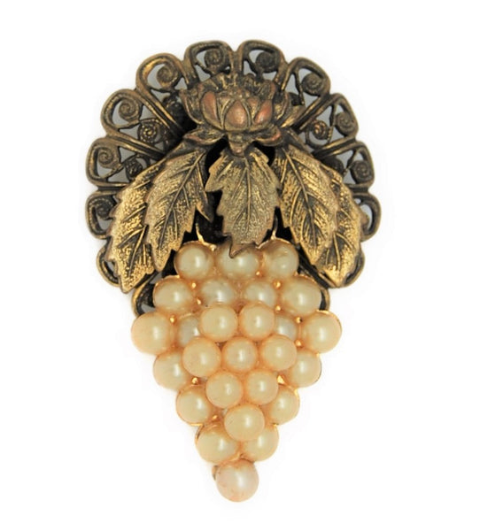Art Deco Lovely Lotus Leaves Pearl Grapes Vintage Costume Pin Brooch