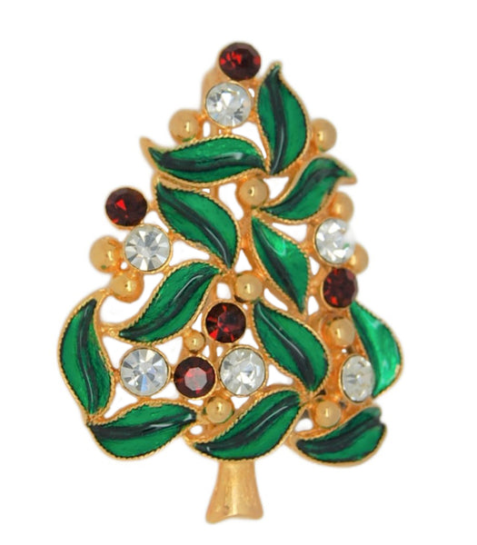 Van Dell Emerald Holly Christmas Tree Vintage Figural Costume Brooch