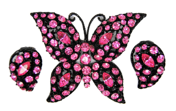 Weiss Butterfly Demi Sparkling Fuchsia Vintage Figural Earrings & Brooch