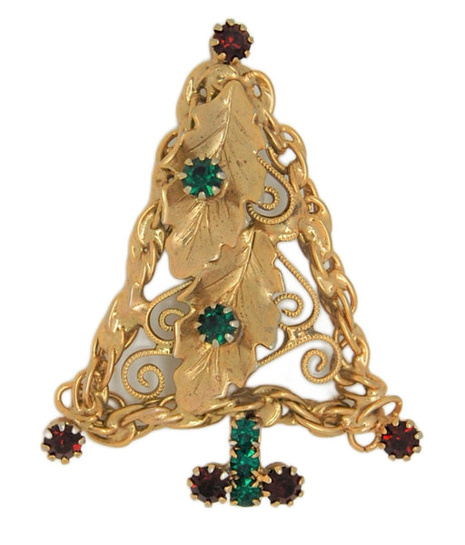 Hobe Filigree Christmas Holly Tree Vintage Figural Costume Brooch