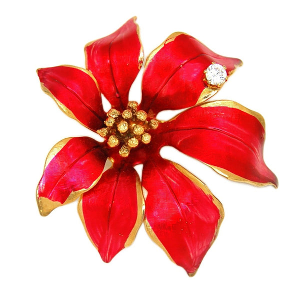 Cerrito Christmas Gold Plate Poinsettia Rhinestone Vintage Figural Pin Brooch