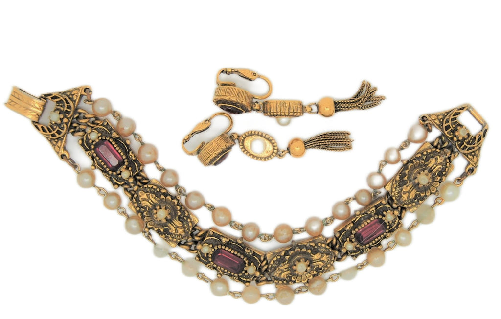 Goldette Triple Strand Amethyst Pearls Box Charm Vintage Bracelet & Earrings