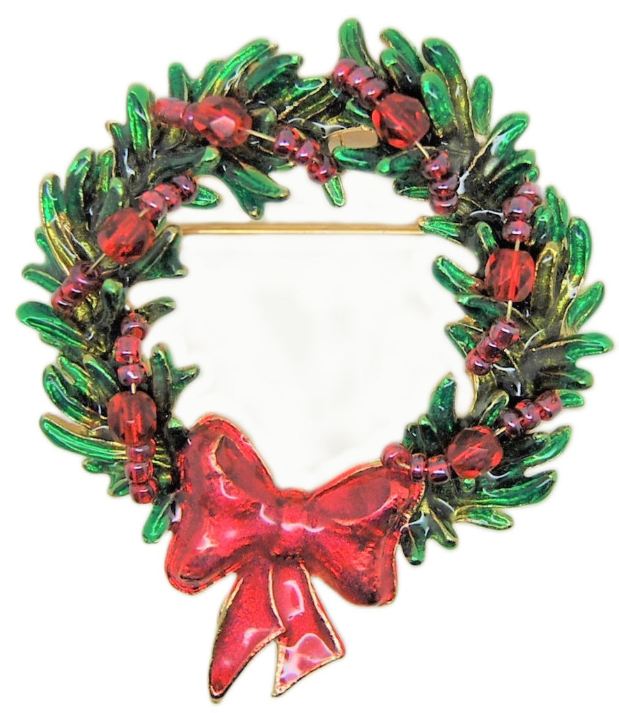 TC Christmas Wreath Ruby Beads and Enamel Vintage Holiday Brooch
