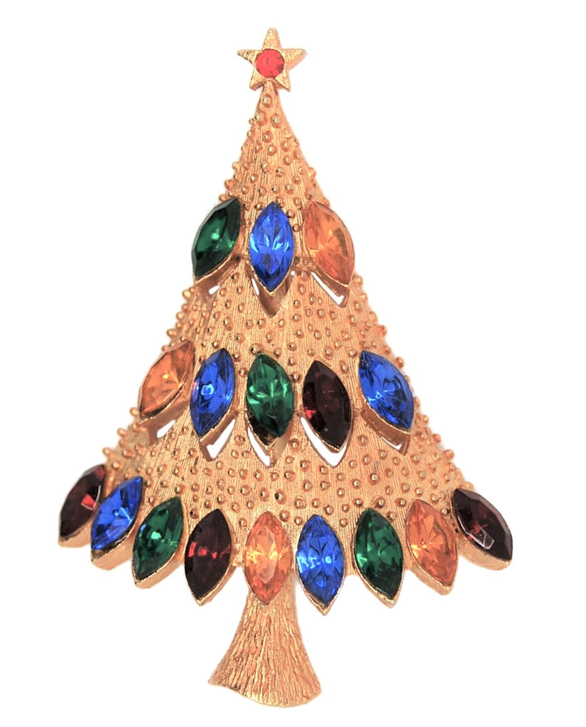 JJ Multi Rhinestone Gold Tone Early Christmas Tree 1960s
