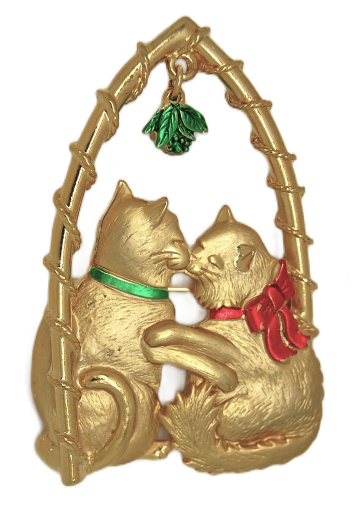 JJ Kissing Cats Mistletoe Figural Vintage Christmas Brooch