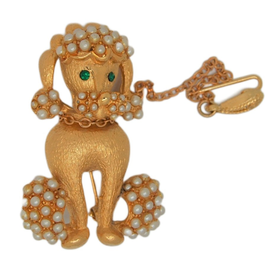 Mandle Pave Pearl Puppy Dog with Hang Pin Leash Vintage Figural Pin Brooch