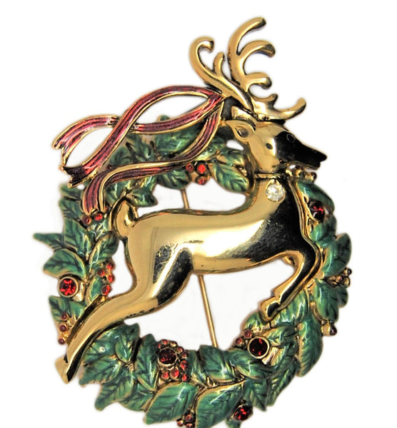 Monet Reindeer Holly Vintage Figural Wreath Christmas Brooch - 1990s