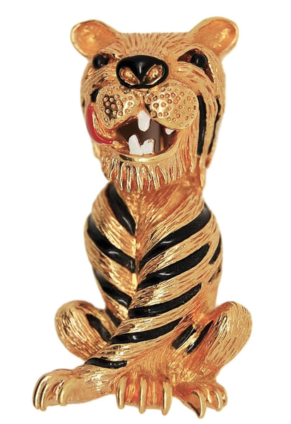 Panetta Smiling Tiger Black Enamel Stripes Figural Brooch Pin