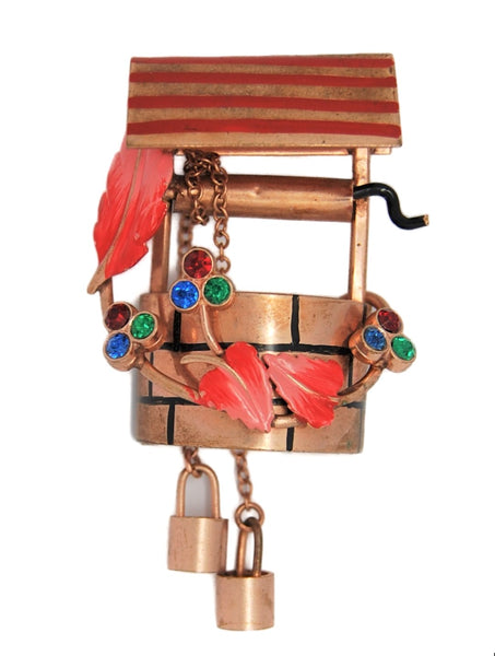 Longcraft Copper & Enamel Mechanical Wishing Well Vintage Figural Brooch