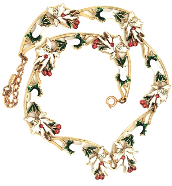 Sphinx Christmas Floral Holly Enamel & Rhinestones Vintage Figural Necklace - Mint