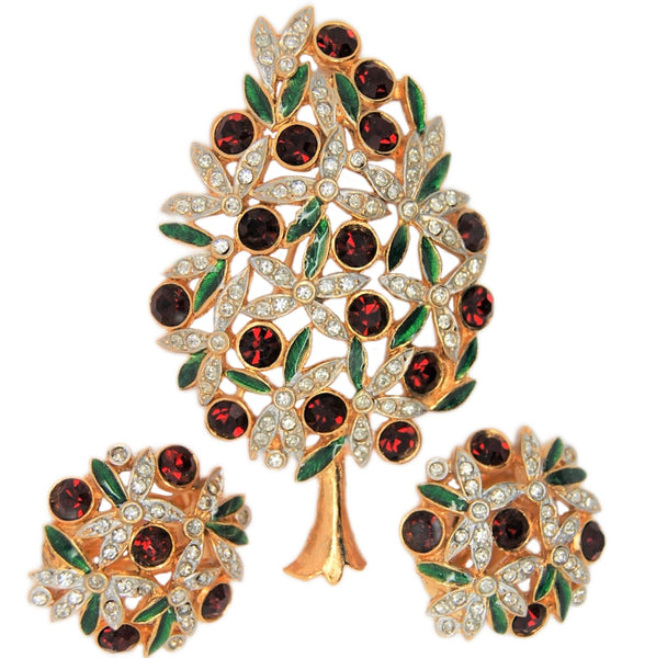 Sphinx Christmas Ruby and Clear Pave Rhinestone Tree Brooch  & Earrings - Mint