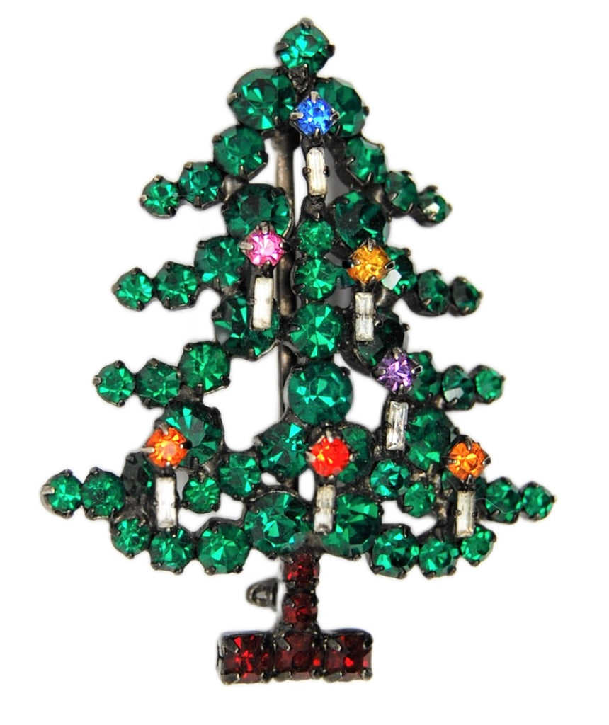 Made Austria Christmas Candle Tree Green Stones Vintage Figural Brooch