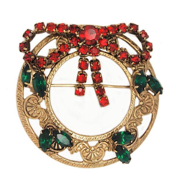 Red Ribbon Christmas Wreath Vintage Holiday Pin Brooch