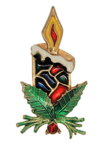 Beatrix BJ Christmas Stained Glass Candle Holly Enamel Figural Brooch