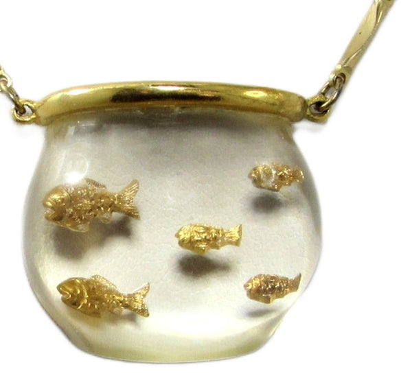 Castlecliff Lucite Goldfish Bowl Gold Plate Pendant Vintage Figural Necklace