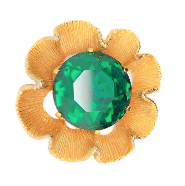 Castlecliff Large Emerald Stone Floral Circle Vintage Figural Pin Brooch