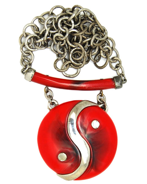 Celebrity Statment Sized Yin Yang Ruby Red Lucite Vintage Figural Necklace