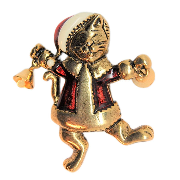 LIA Lianna Santa Christmas Cat Bell Ringer Vintage Figural Brooch
