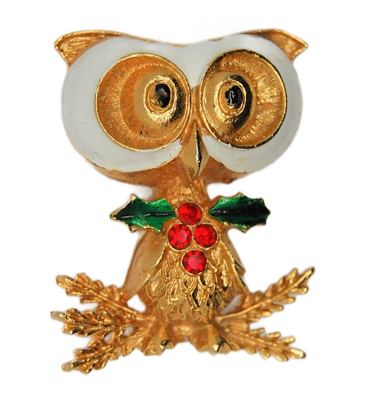 Corel Christmas Holly Berries Owl Vintage Figural Brooch